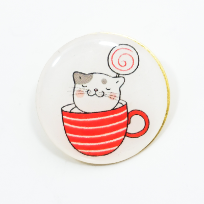 Значки - Значок металлический "Кот в чашке" 