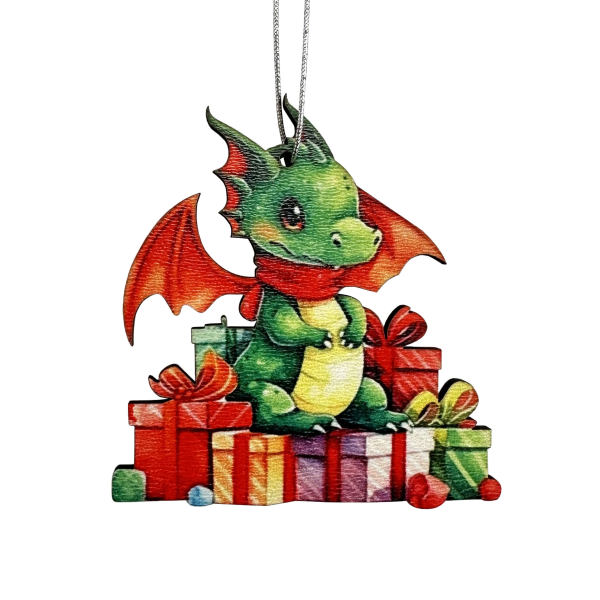 ❄ Новый Год ❄ - Игрушка елочная деревянная "Дракон с подарками" двусторонняя НИ-1